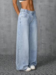 SHEIN ICON Women's Loose And Casual Wide Leg Denim Pants With Pockets