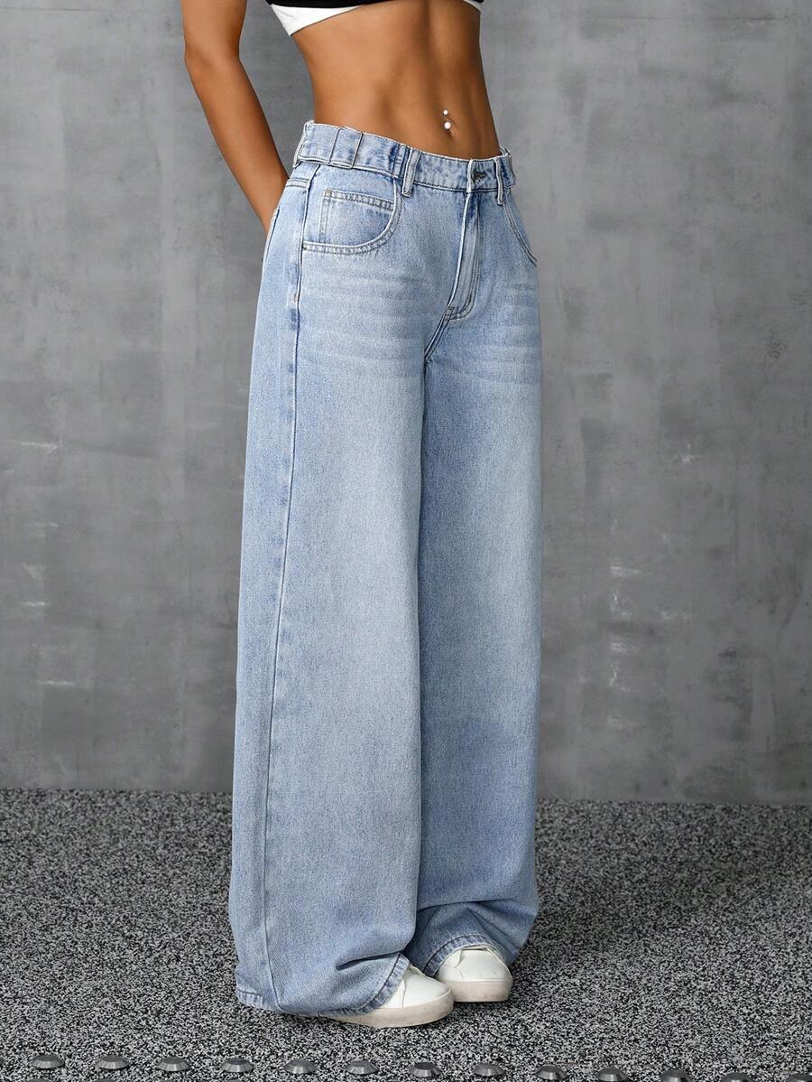 SHEIN ICON Women's Loose And Casual Wide Leg Denim Pants With Pockets