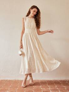 MOTF PREMIUM 假珍珠和鑽石細節擺裙綾緞連衣裙 - 杏色 - 查看 7