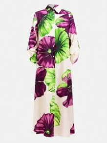 Seusyu Leisure Vacation Modest Long Sleeve Long Shirt Dress With Large Floral Print And Front Buttons - Multicolor - View 6