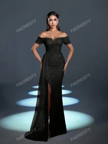 Faeriesty Faeriesty Stunning Shimmering Sequined Gown With Off-Shoulder Short Sleeves & High Thigh Slit – Elegant Romantic Prom Dress For Weddings, Parties & Events (Spring/Summer Glam, Flowing Tulle Side Panels, Captivating Red Rose Accents