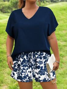 Calvaya Random Print Plus Size Solid Color V-Neck Batwing Sleeve Summer Top And Shorts 2pcs Set