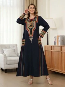 女士几何刺绣朴素长袖阿拉伯连衣裙 - 寶藍色 - 查看 5