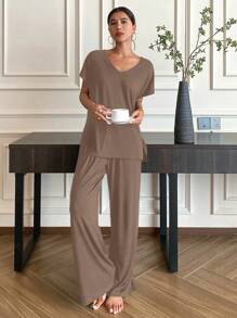 Livesso Bộ đồ ngủ đơn giản, rộng rãi, màu trơn, thường ngày - Màu Khaki - Xem 4