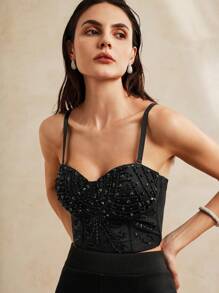 Anewsta 黑色蕾絲珠片和亮片修身胸衣上衣 - 黑色 - 查看 7