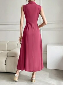 Modelyn Ladies' Solid Color Wrapover Elegant Sleeveless Dress, Summer - Pink - View 2