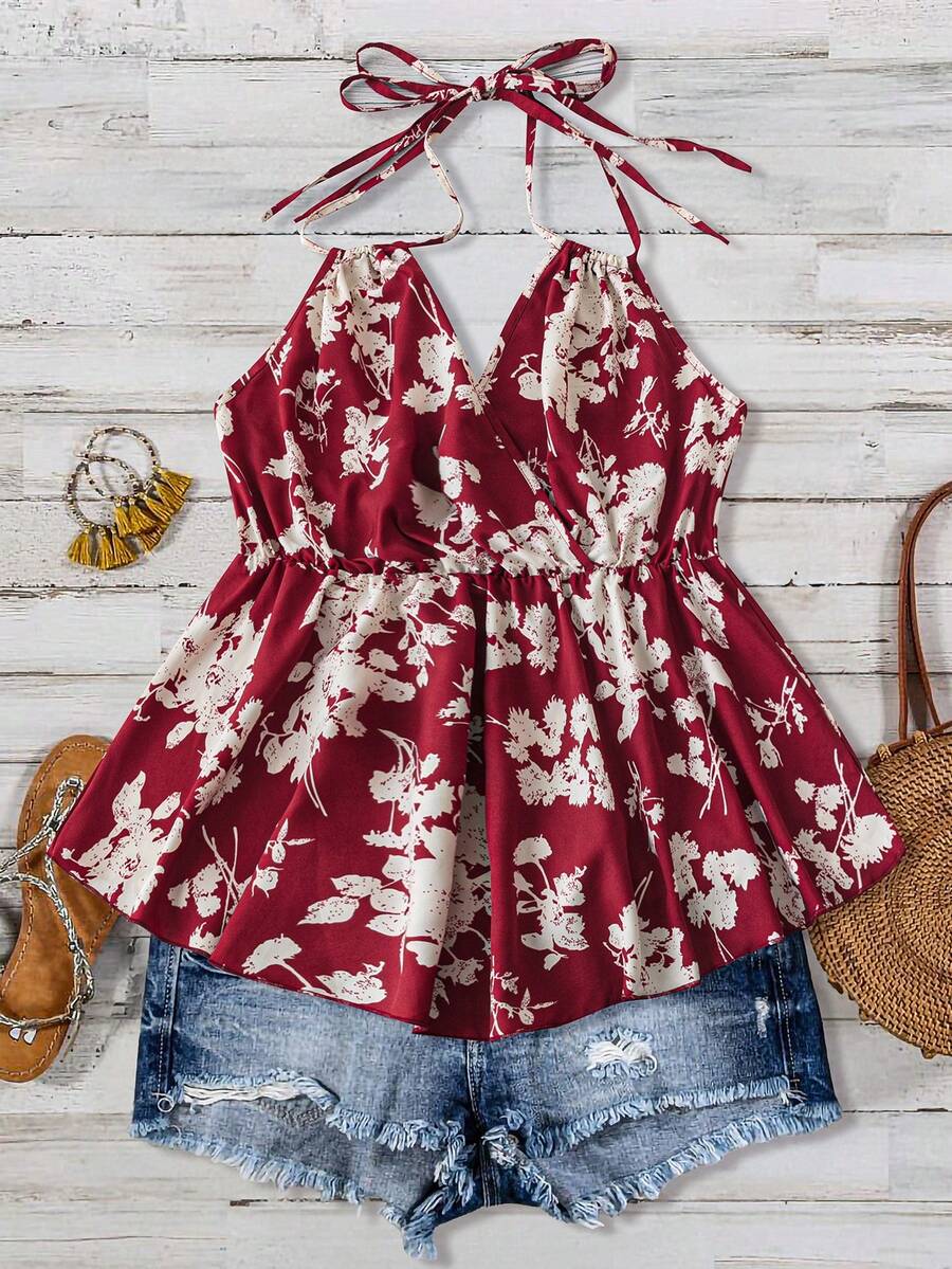 SHEIN LUNE 加大尺碼女士假期雙肩頸花卉印花綁帶無袖上衣