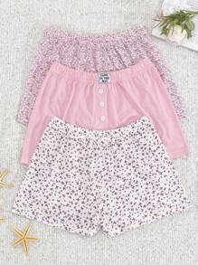 RueChic 棉质 3 件套印花和标签细节家居服休闲短裤 - 彩色 - 查看 1