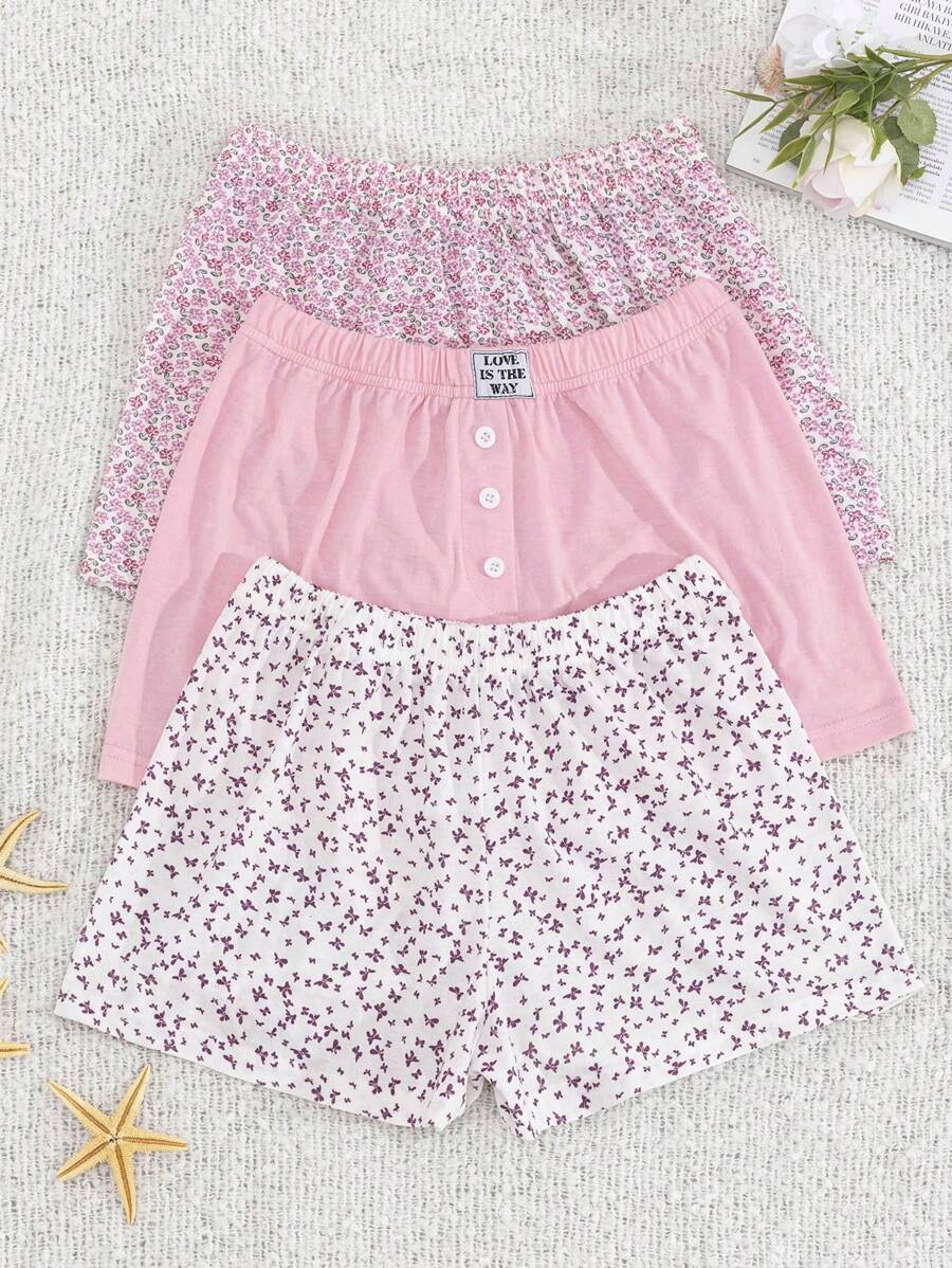 RueChic 棉质 3 件套印花和标签细节家居服休闲短裤 - 彩色 - 查看 1