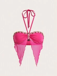 Sweetina Y2k Holiday Slim-Fit Mesh Halter Top With Embroidery And Lace Hem Decoration Summer Outfits - Pink - View 1