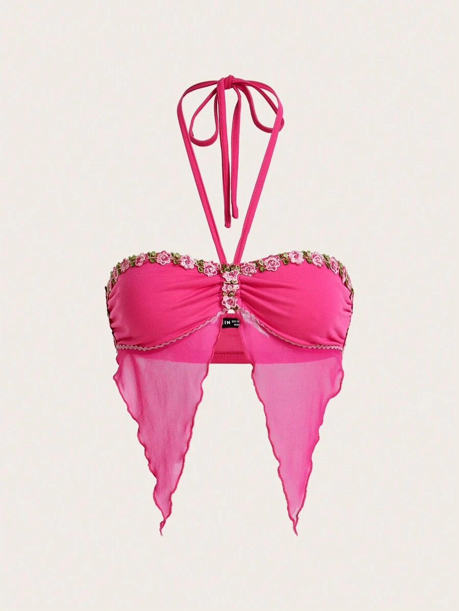 Sweetina Y2k Holiday Slim-Fit Mesh Halter Top With Embroidery And Lace Hem Decoration Summer Outfits - Pink - View 1