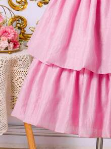 Tween Girls Solid Color Short Sleeve Dress With 3D Flower Puff Sleeves, Summer - Pink - View 3