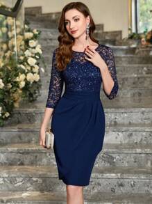 MIUSOL Sequin Floral Lace Round Neck Wrap Hem Cocktail Party Pencil Dress, For Valentine's Day - Navy Blue - View 5