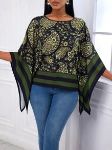 Zolique Multicolor Printed Poncho Loose Silk-Like Shirt - Multicolor - View 5