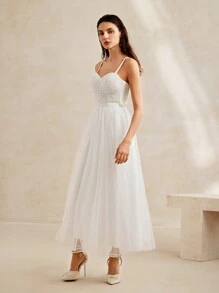 Anewsta Ladies' Beaded Mesh Party Dress With Spaghetti Straps - White - View 5