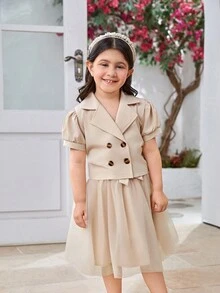 SHEIN Set de 2 piezas para niña: Blusa de solapa sólida color albaricoque con botones de estampado de leopardo + Falda de doble capa de malla con cintura de lazo tejido, estilo femenino para el verano - Caqui - Ver 5