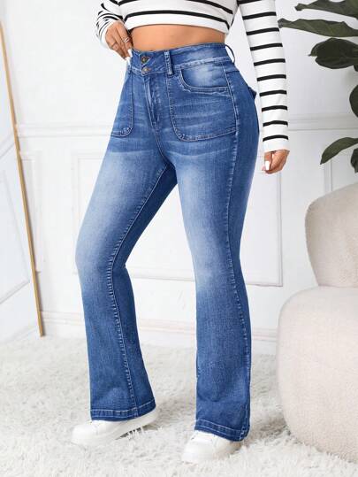 SHEIN ICON Plus Size Simple Daily Match Flared Jeans With Cat Whisker Design