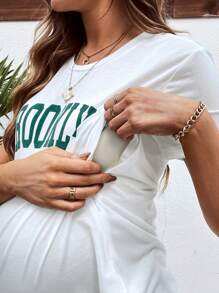 SHEIN Quần áo cho con bú ngoài trời dành cho bà bầu Áo thun cổ tròn vừa vặn để tập thể dục nhẹ - trắng - Xem 3