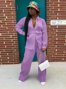 時尚休閒褶皺襯衫和荷葉邊寬褲2入組女裝套裝 - 紫色 - 查看 6