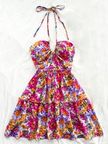 Soleia 休闲度假浪漫花卉 A 字形挂脖系带迷你连衣裙