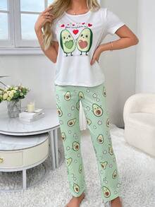 Conjunto de pijama de manga corta y pantalón largo con patrón de aguacate para mujer - Verde - Ver 5