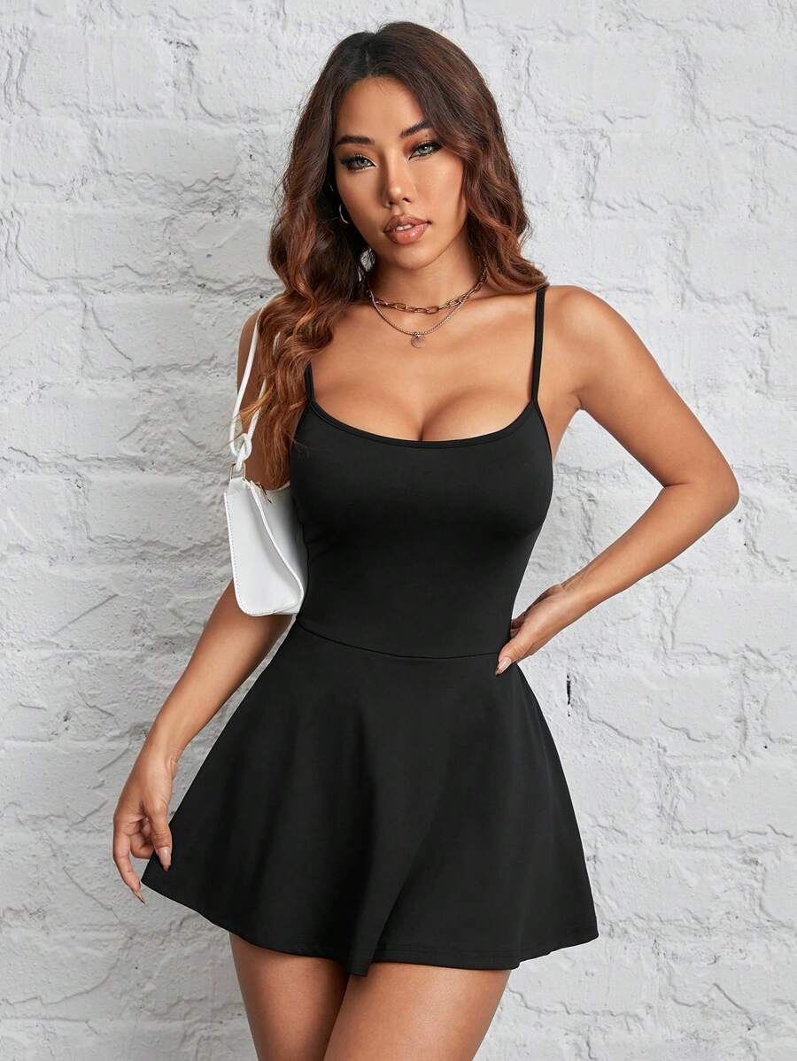 SHEIN PETITE Women's Sling A Hem Solid Color Pocketable Sports And Leisure Daily Anti-Exposure One-Piece Culottes - Black - View 1