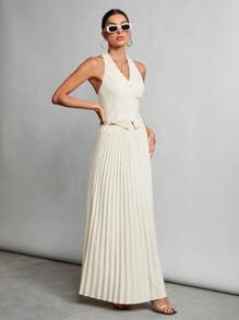 SHEIN Tall Solid Color Single Breasted Vest And Pleated Skirt Two Pieces Set - Apricot - View 7