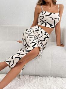 SHEIN Essnce Women's Summer Prints Solid Crop Cami Top & Drawstring Split Thigh Skirt Casual Set 2 Pieces - Multicolor - View 6