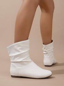 Fall/Winter 2025 White Pleated Flat Sole Slip-On Women's Fashion Boots - White - View 6