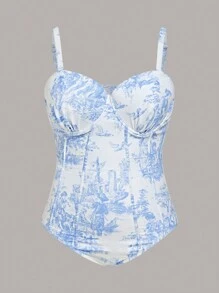 SHEIN Swim Curve 大码随机印花时尚连体泳衣，带罩衫，模压罩杯，钢圈和钢圈，2 件夏季 - 藍白色 - 查看 9