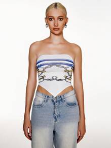 Flirla Women's Summer Fashion Striped Color Block Anchor & Floral Print Crisscross Backless Bandeau Top