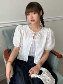DAZY 純色短袖綁帶泡泡袖女襯衫 - 白色 - 查看 1