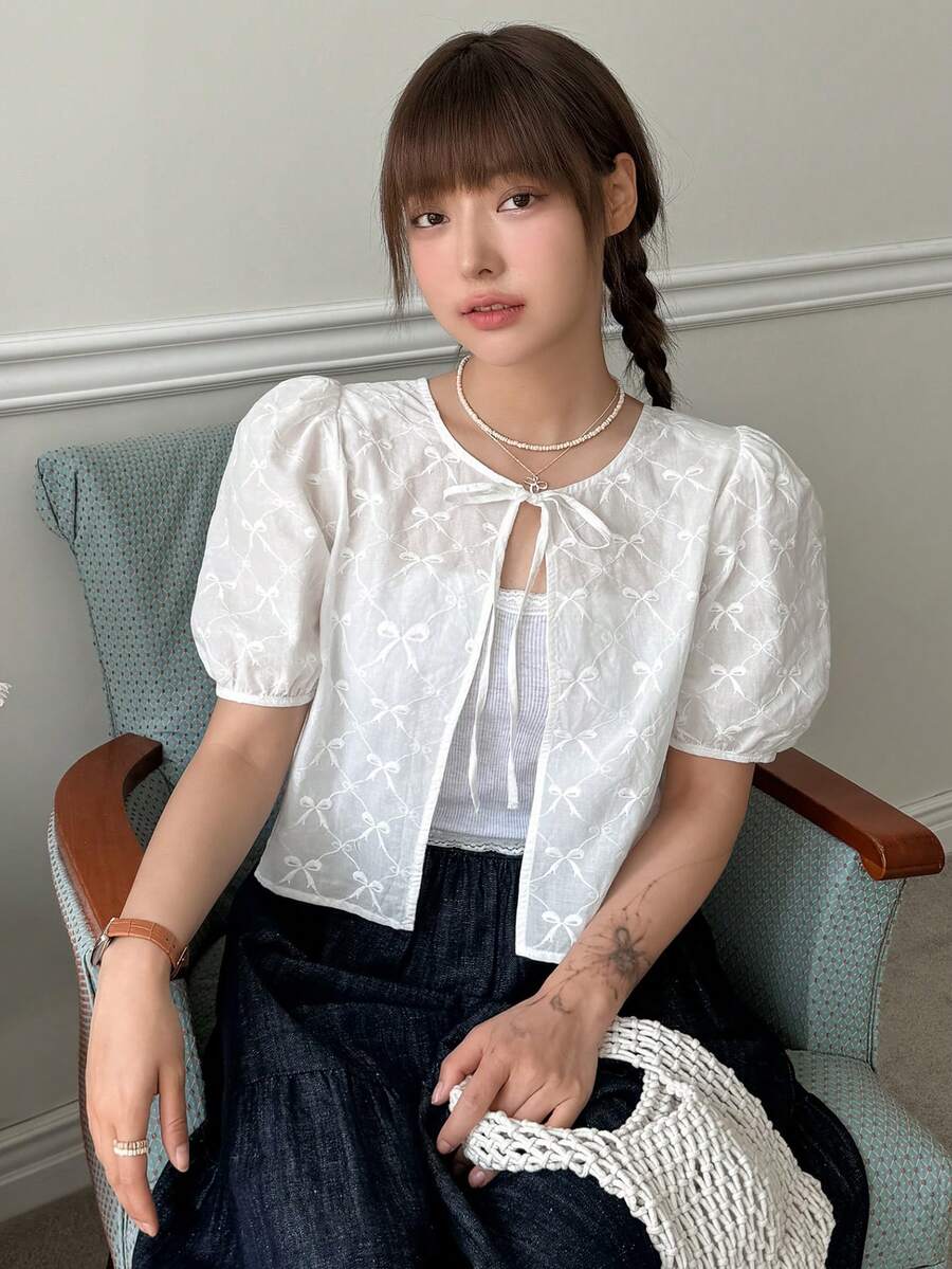 DAZY 純色短袖綁帶泡泡袖女襯衫 - 白色 - 查看 1