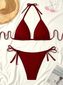SHEIN Swim Curve Bộ bikini đơn giản hàng ngày màu đỏ trơn cỡ lớn dành cho nữ mùa hè - Đỏ - Xem 1