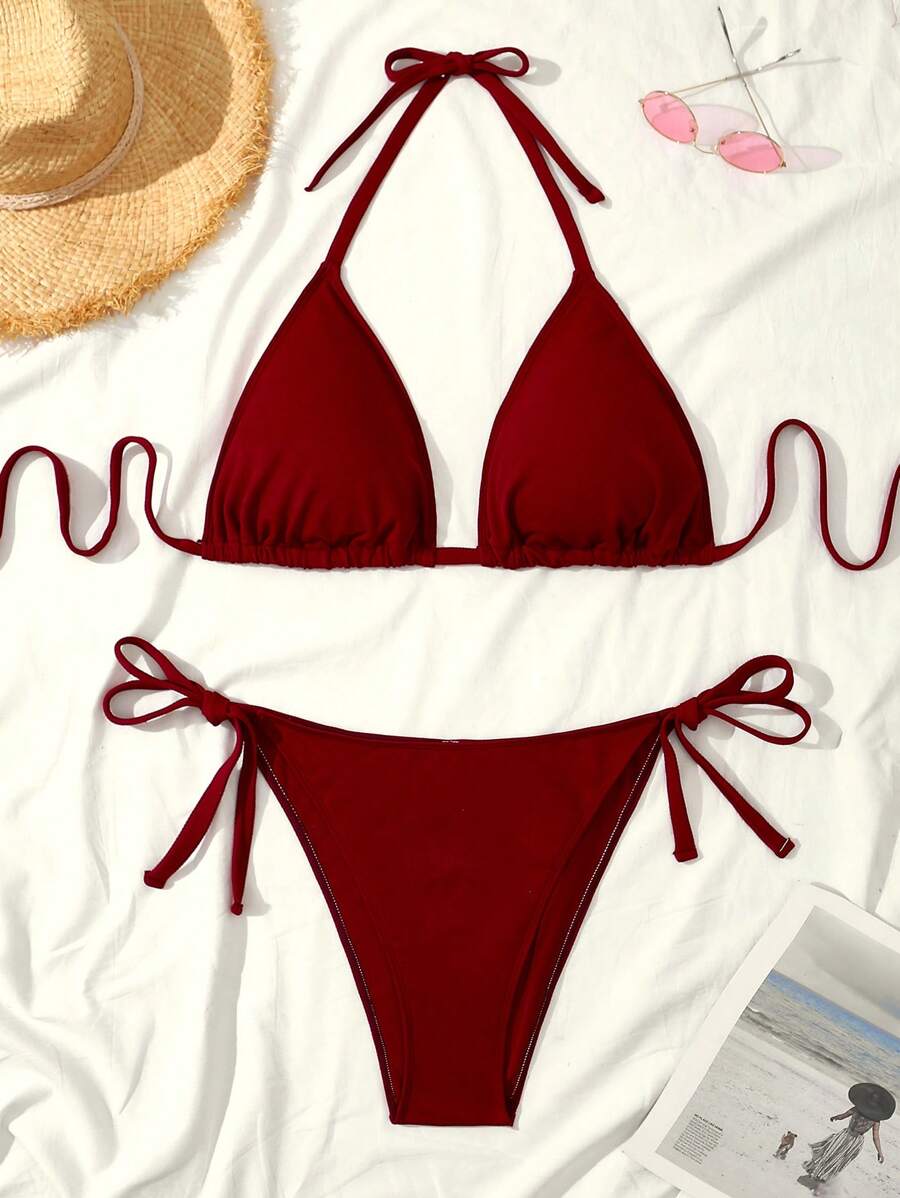 SHEIN Swim Curve Bộ bikini đơn giản hàng ngày màu đỏ trơn cỡ lớn dành cho nữ mùa hè - Đỏ - Xem 1