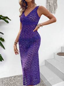Hollow Out V-Neck Sleeveless Knitted Coverup Dress For Vacation