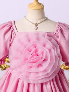 Tween Girls Solid Color Short Sleeve Dress With 3D Flower Puff Sleeves, Summer - Pink - View 6