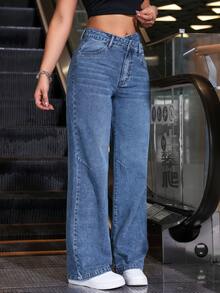 SHEIN EZwear Quần jean denim lưng cao bất đối xứng dáng rộng dáng rộng cho nữ - Rửa trung bình - Xem 5