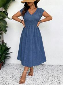 SHEIN Frenchy Plus Size Solid Color Shirred A-Line Summer Short Sleeve Dress - Blue - View 4