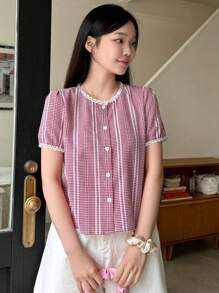 DAZY 女士夏季休闲格子泡泡袖衬衫、短袖上衣 - 紅色 - 查看 6