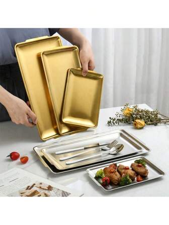 1 件不锈钢矩形托盘，金色和银色服务盘，带手柄，咖啡桌装饰服务盘，奥斯曼美食，适用于派对、餐饮、厨房、食物、甜点、烧烤