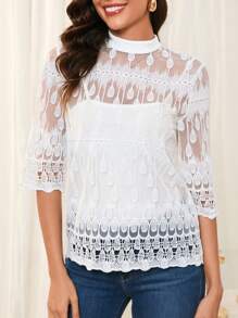 SHEIN Clasi Damenmoden für den Herbst, besticktes Mesh-Spitze-Hochzeits-Frenchy-Frauen-Old-Money-Stil-Lehrerin T-Shirt-Top