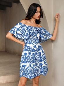 Anewsta Off Shoulder Ruffle Hem Double Layer Beach Vacation Dress