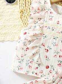 SHEIN Vintaside Kids Conjunto de top y falda con volantes con estilo rural y estampado floral diminuto para niña joven - Multicolor - Ver 4