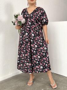 Mulvari Vestido Impresso Aleatório Elegante para Mulheres de Tamanho Maior - Multicolorido - View 1