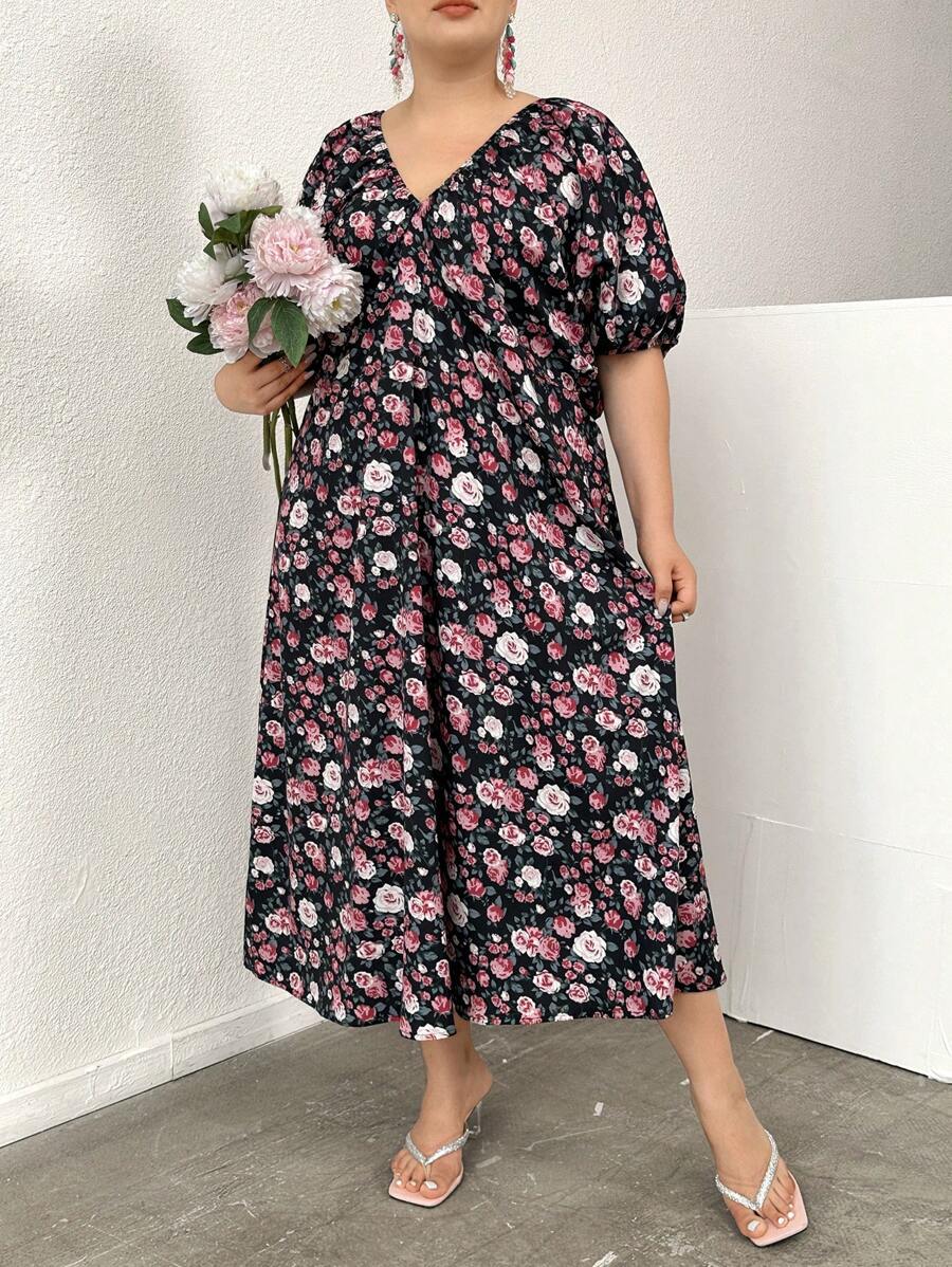 Mulvari Vestido Impresso Aleatório Elegante para Mulheres de Tamanho Maior - Multicolorido - View 1