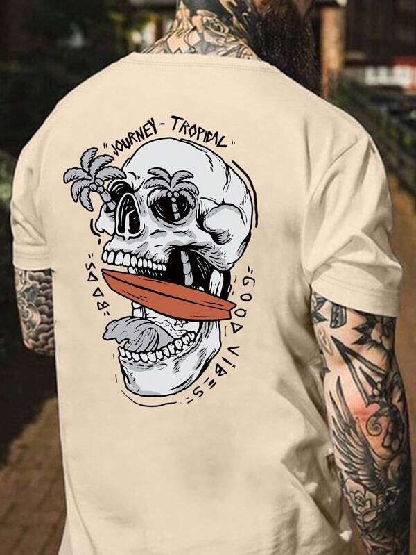 Men's Summer Letter & Skull Print Round Neck Short Sleeve Casual T-Shirt