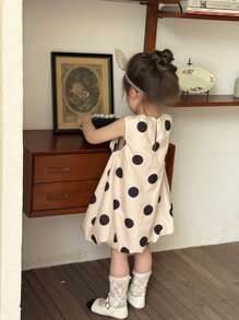 SHEIN Baby Girls' Summer Polka Dot Princess Dress, Fashionable Sleeveless Outfit - Apricot - View 2