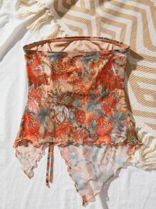 SHEIN VCAY Vacation Knitted Mesh Fabric Printed Bandeau Top With Asymmetrical Hem, Slim Fit For Women