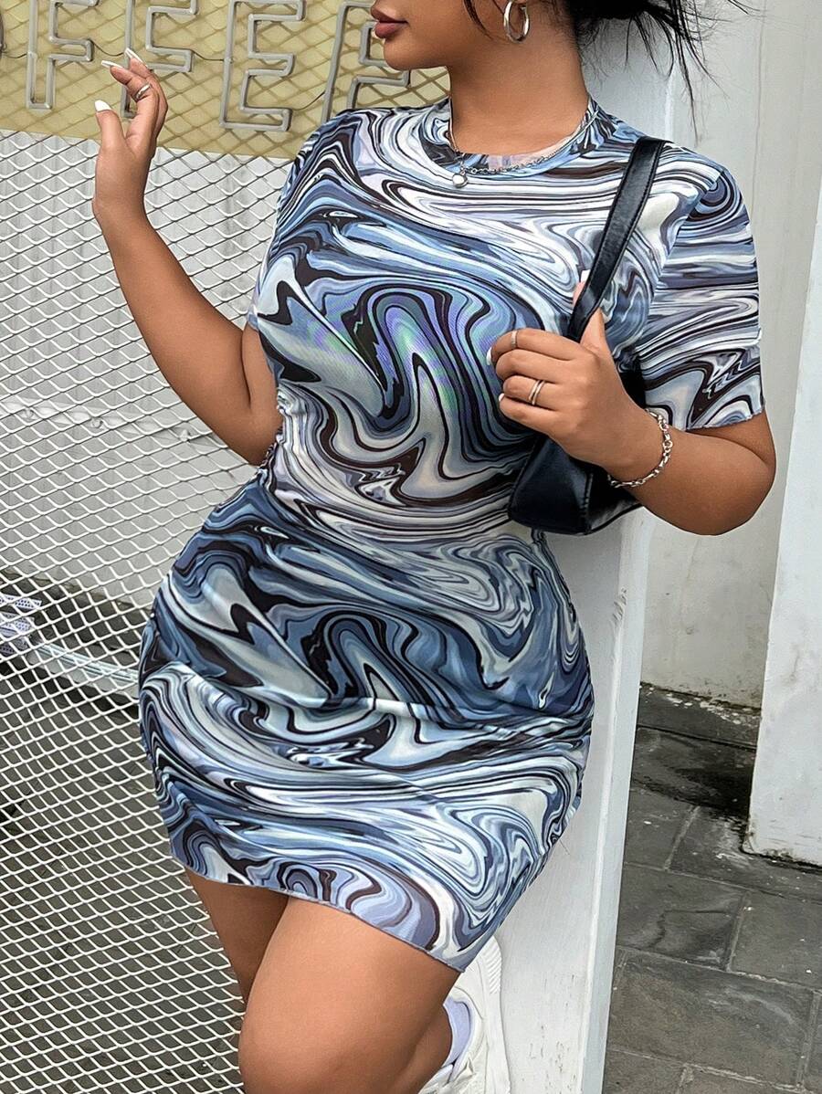 SHEIN EZwear Plus Size Women's Random Printed Simple Daily Dress - Multicolor - View 1